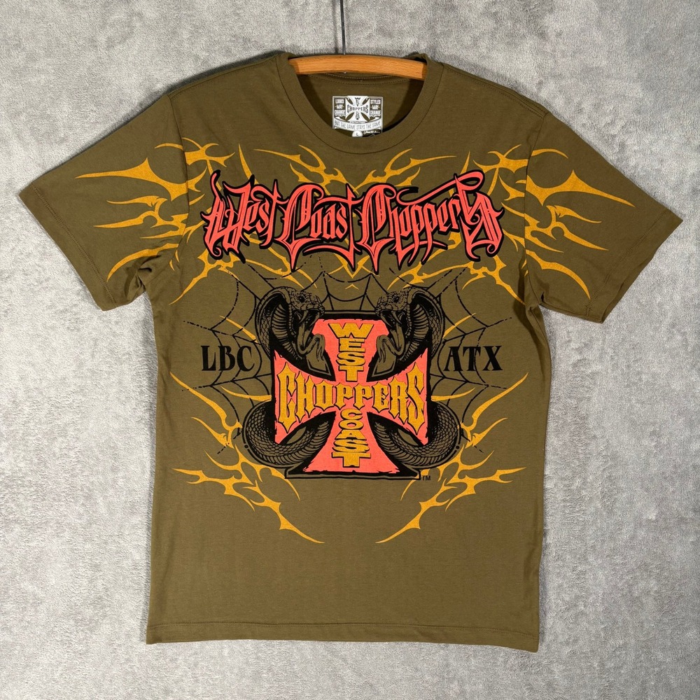 West Coast Choppers Mens Large‎ Olive Green Graphic T-Shirt Cobra Iron Cross Y2K